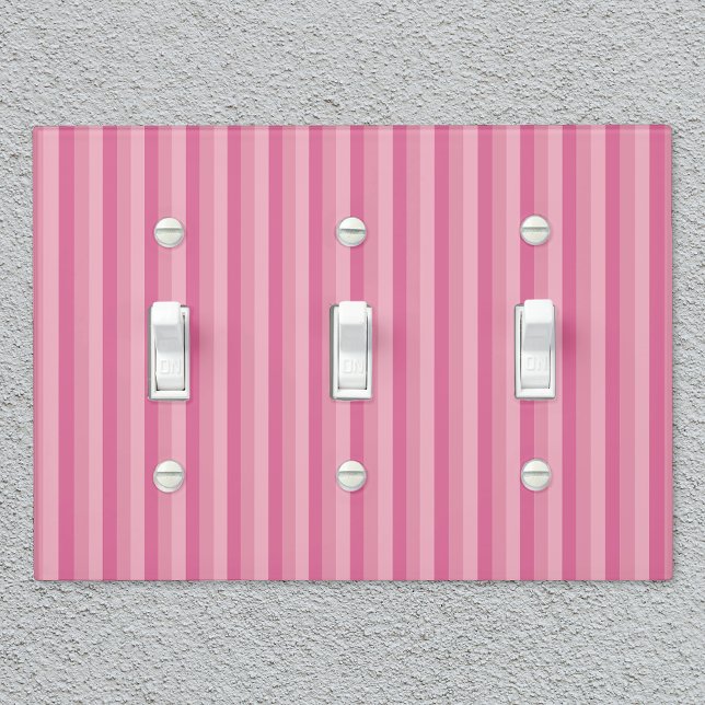 Rustic Country-Style Thin Pink Stripes Light Switch Cover (Three-toggle cover on textured wall)