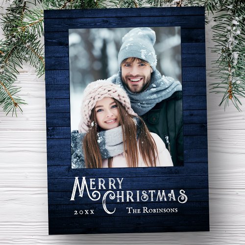 Rustic Country Stylish Photo Blue Wood Plank Print Holiday Card