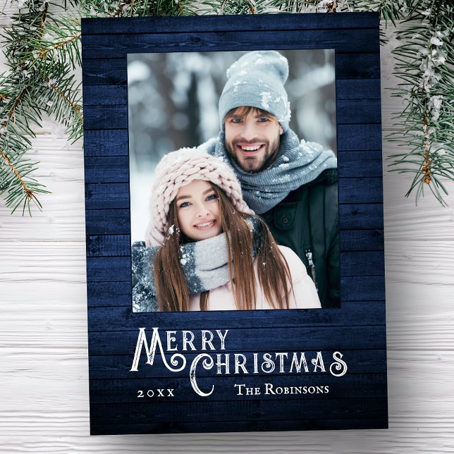 Rustic Country Stylish Photo Blue Wood Plank Print Holiday Card (Available in high quality print or digital download for quick text messaging, email or self print.)
