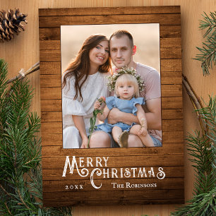 Rustic Country Stylish Photo Wood Plank Print Holiday Card