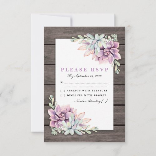 Rustic Country Succulent Floral Wedding RSVP - Country chic wedding reply cards featuring a rustic wood barn background, a succulent corner display and a rustic rsvp text template that is easy to customize. Click on the “Customize it” button for further personalization of this template. You will be able to modify all text, including the style, colors, and sizes. You will find matching items further down the page, if however you can't find what you looking for please contact me.