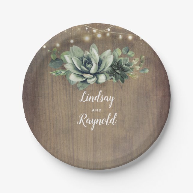 Rustic Country Succulents Greenery Wedding Paper Plates (Front)