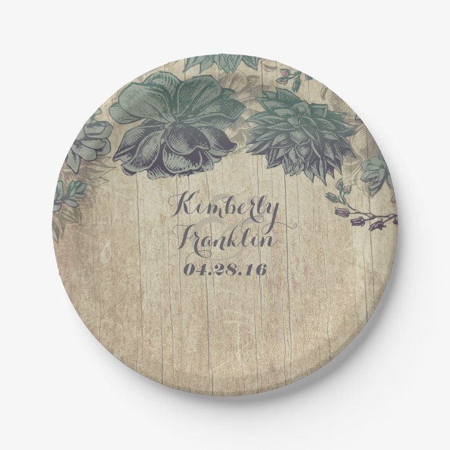 Rustic Country Succulents Wreath Wedding Paper Plates (Front)