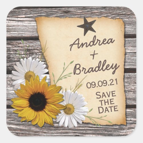 Rustic Country Sunflowe Daisy Wedding Save Date Square Sticker