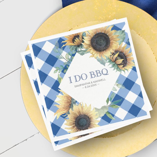 Rustic Country Sunflower and Blue Gingham I Do BBQ Napkins (wedding I do bbq napkins sunflower blue gingham)