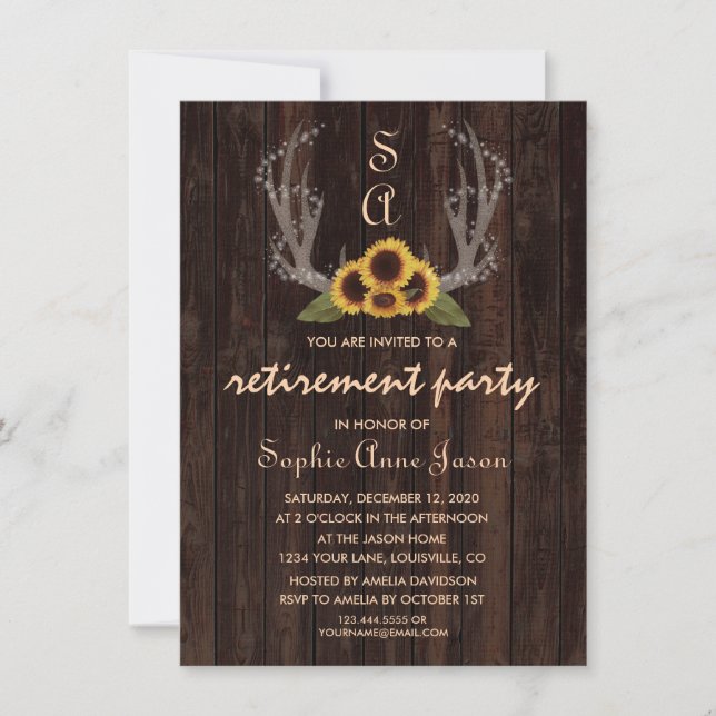 Rustic Country Sunflower Antlers Retirement Party Invitation (Front)