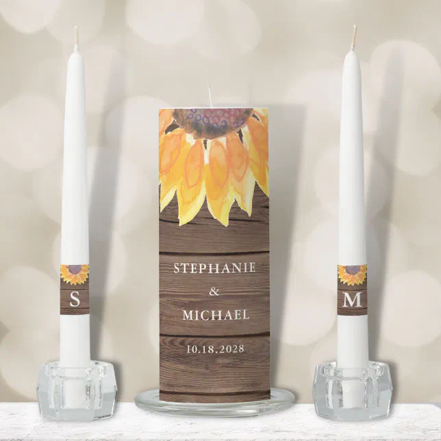 Rustic Country Sunflower Barn Wood Unity Candle Set | Zazzle