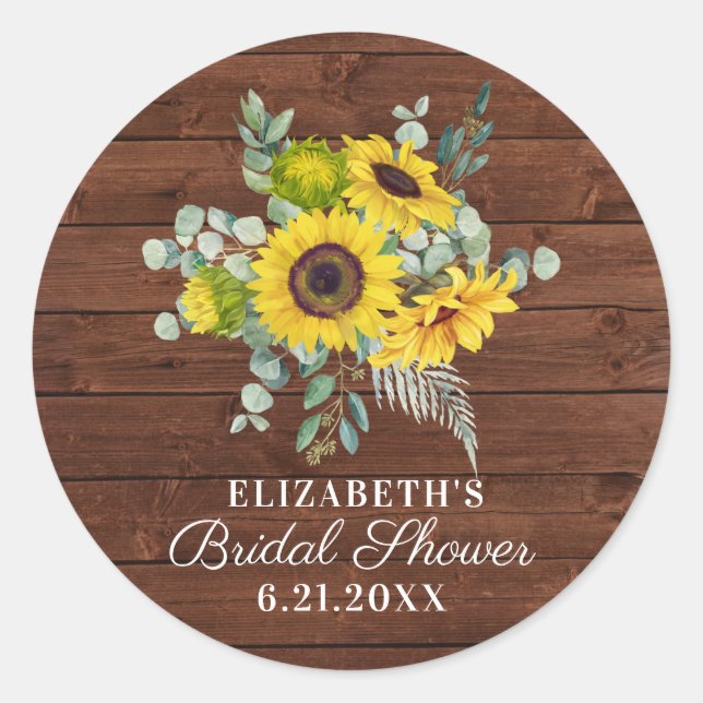 Rustic Country Sunflower Bridal Shower Favor Classic Round Sticker (Front)