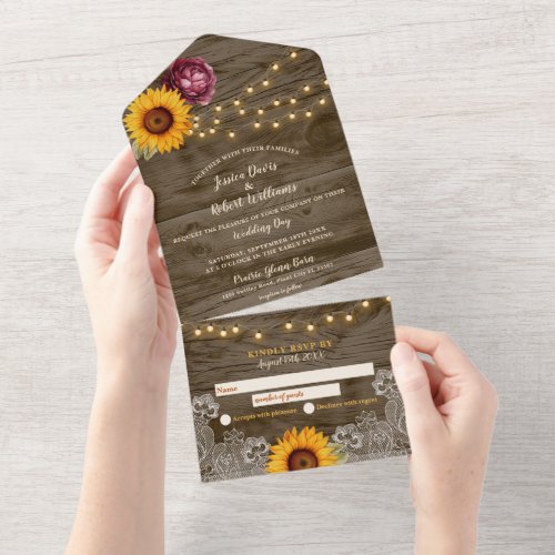 Rustic Country Sunflower  Burgundy Peony Wedding All In One Invitation