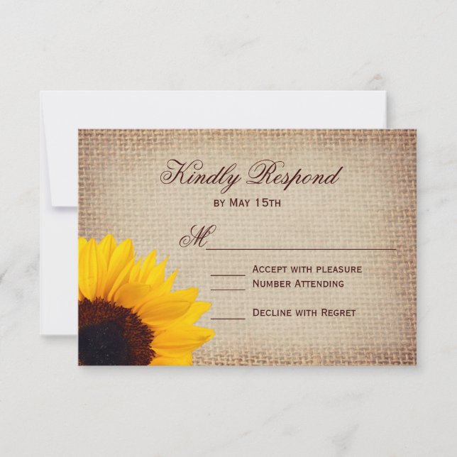 Rustic Country Sunflower Burlap Wedding RSVP Cards (Front)