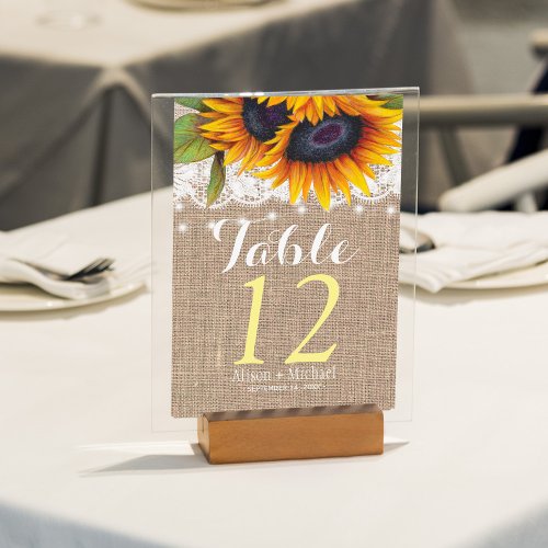 Rustic country sunflower fall wedding table number
