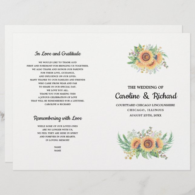 Rustic Country Sunflower Folded Wedding Programs (Front/Back)