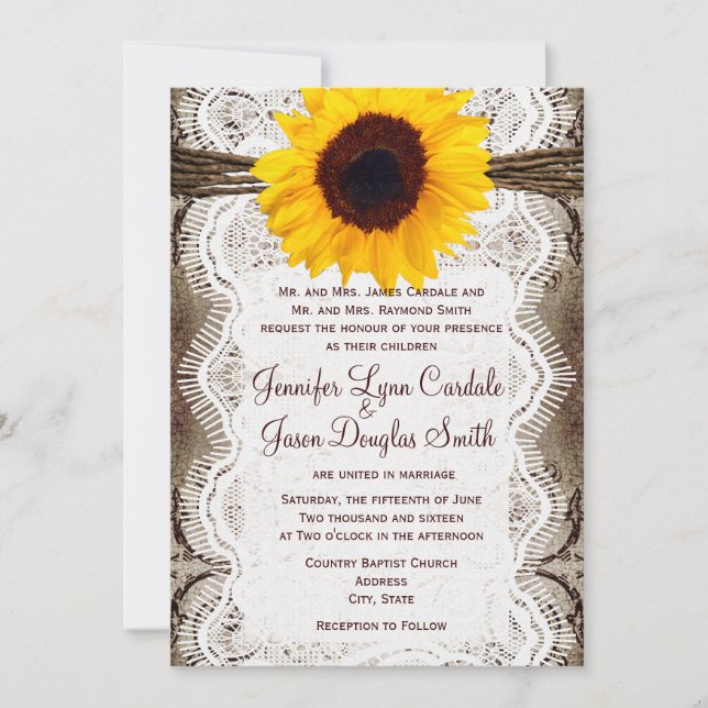 Rustic Country Sunflower Lace Twine Wedding Invite (Front)