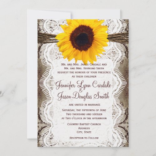 Rustic Country Sunflower Lace Twine Wedding Invite