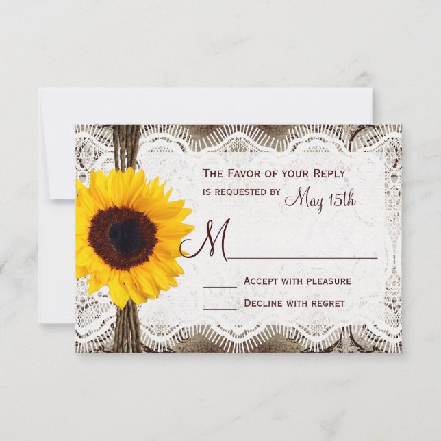 Rustic Country Sunflower Lace Twine Wedding RSVP Card (Front)