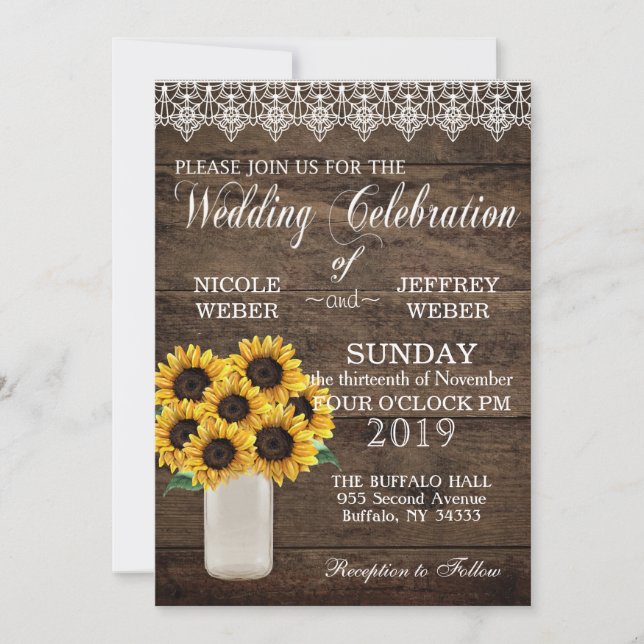 Rustic Country Sunflower Mason Jar Country Wedding Invitation (Front)