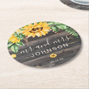Rustic Country Sunflower Mr and Mrs Wedding Round Paper Coaster