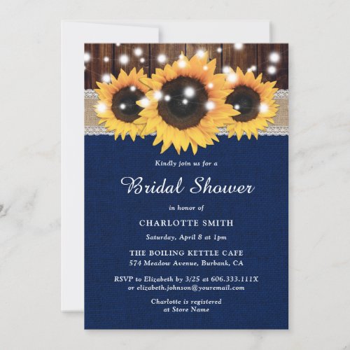 Rustic Country Sunflower Navy Blue Bridal Shower Invitation