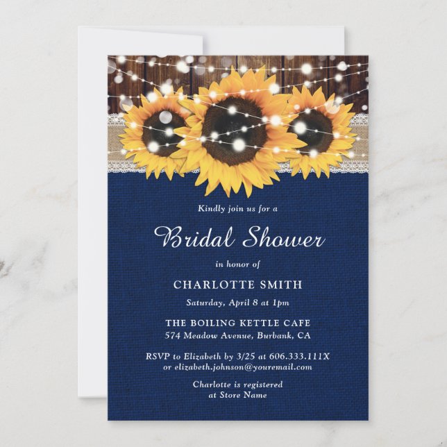 Rustic Country Sunflower Navy Blue Bridal Shower Invitation (Front)