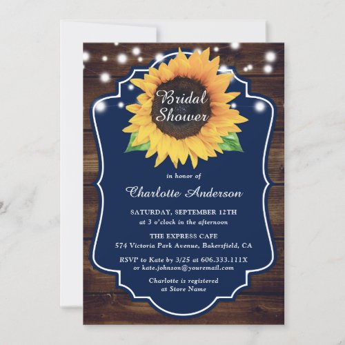 Rustic Country Sunflower Navy Blue Bridal Shower Invitation