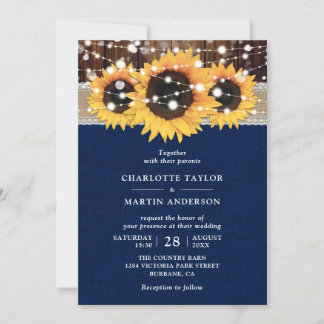 Rustic Country Sunflower Navy Blue Wedding Invitation