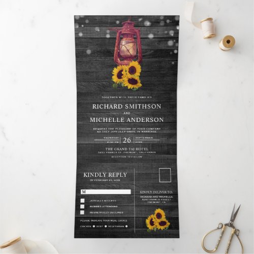 Rustic Country Sunflower Oil Lantern Wedding Tri_Fold Invitation