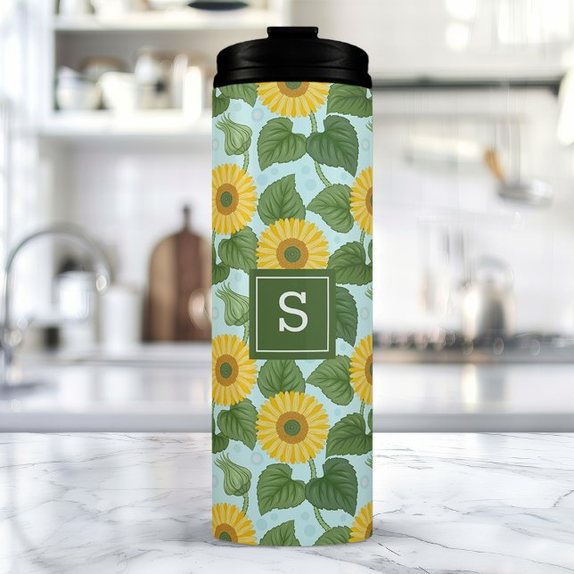 Rustic Country Sunflower Pattern Monogrammed Thermal Tumbler (Creator Uploaded)