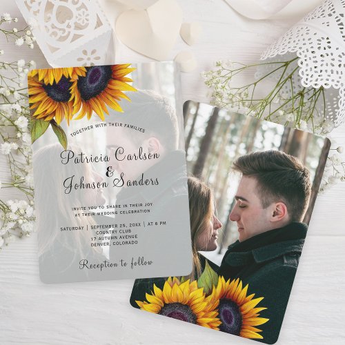 Rustic country sunflower photo wedding invitation