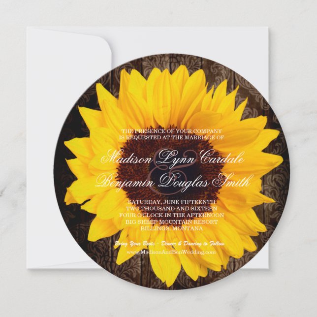 Rustic Country Sunflower Round Wedding Invitations (Front)