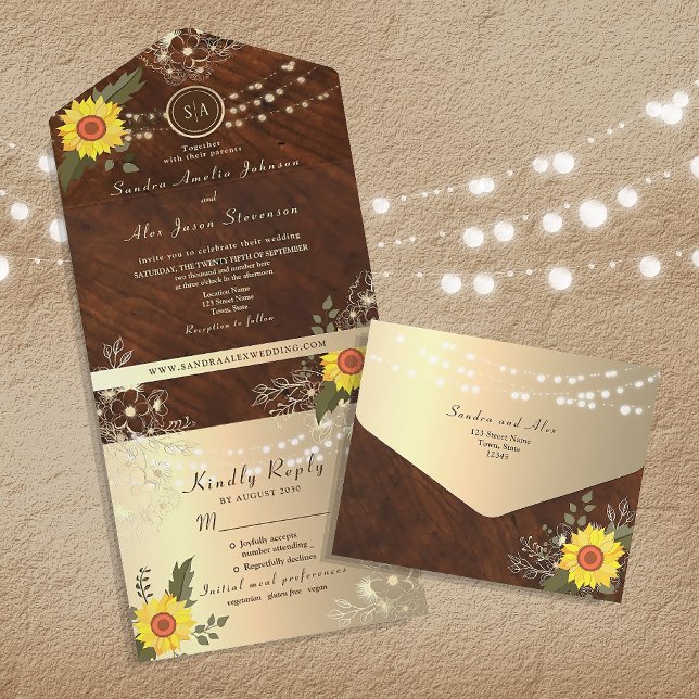 Rustic Country Sunflower String Lights Wedding All In One Invitation (Creator Uploaded)