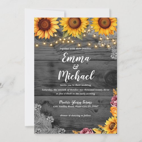 Rustic Country Sunflower  String Lights Wedding Invitation