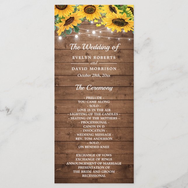 Rustic Country Sunflower String Lights Wedding Program (Front)