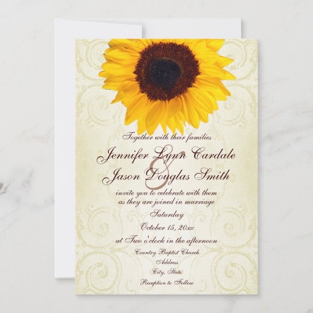 Rustic Country Sunflower Swirls Wedding Invitation (Front)