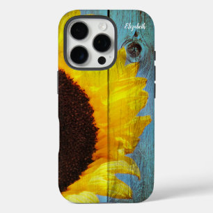 Rustic Country Sunflower Teal Wood Personalized iPhone 16 Pro Case