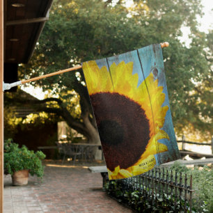 Rustic Country Sunflower Teal Wood Personalized House Flag