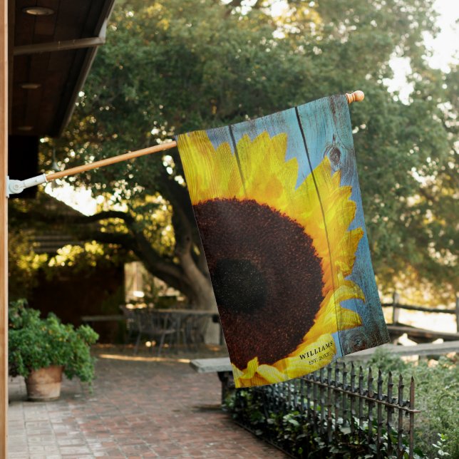 Rustic Country Sunflower Teal Wood Personalized House Flag (In SItu)