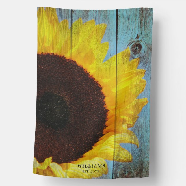 Rustic Country Sunflower Teal Wood Personalized House Flag (Front)