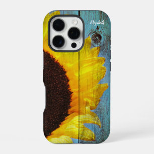 Rustic Country Sunflower Teal Wood Personalized iPhone 16 Pro Case