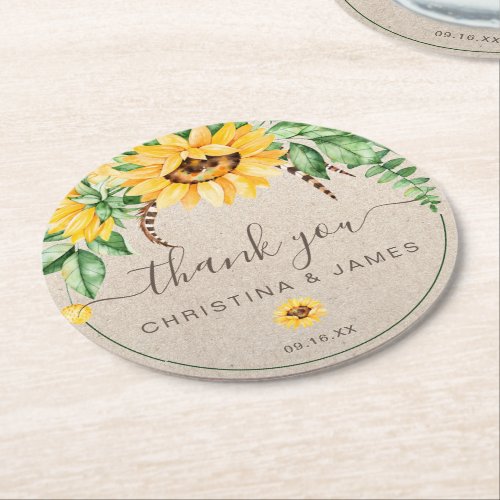 Rustic Country Sunflower Thank You Wedding Favor Round Paper Coaster