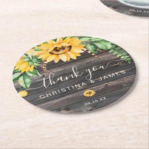 Rustic Country Sunflower Thank You Wedding Favor Round Paper Coaster