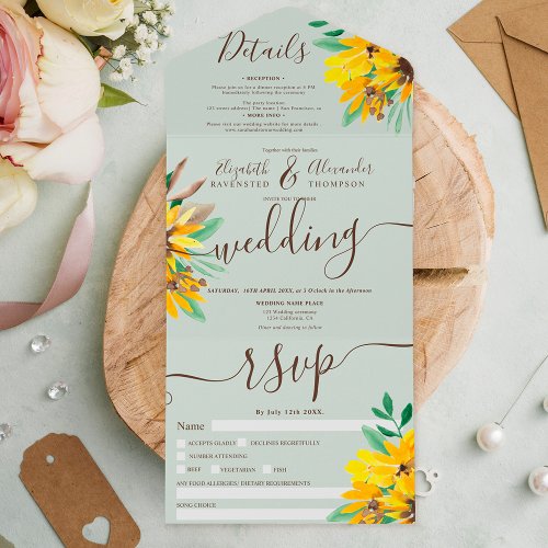 Rustic country sunflower watercolor script wedding all in one invitation