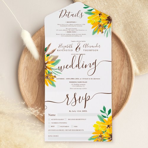 Rustic country sunflower watercolor script wedding all in one invitation