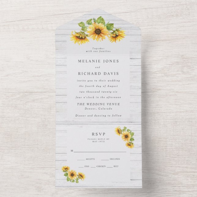 Rustic Country Sunflower Wedding All In One Invitation (Inside)