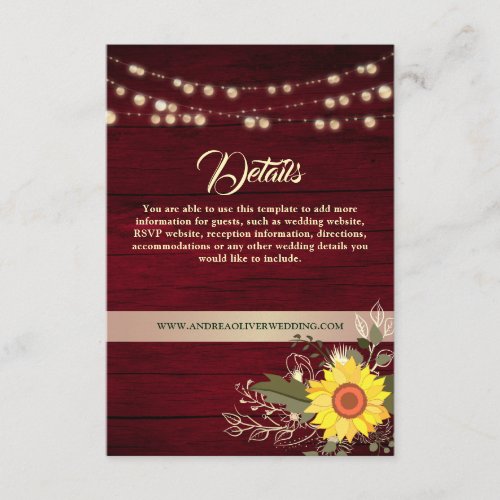 Rustic Country Sunflower Wedding Details Enclosure Card