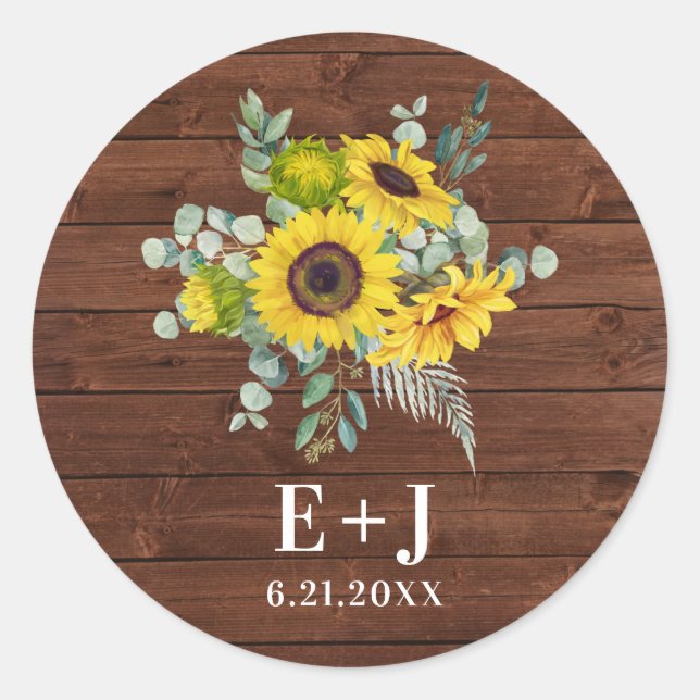 Rustic Country Sunflower Wedding Favor Classic Round Sticker (Front)