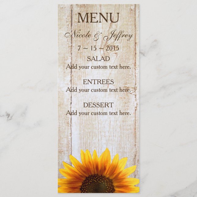 Rustic Country Sunflower Wedding Menu (Front)
