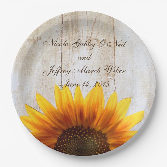 Rustic Country Sunflower Wedding Paper Plates (Front)