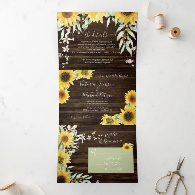 Rustic Country Sunflower Wedding Tri-Fold Invitation (Inside)