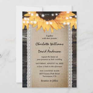Rustic Country Sunflower Wood Burlap Lace Wedding Invitation