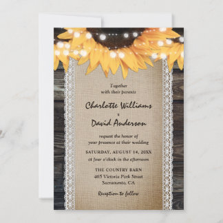 Rustic Country Sunflower Wood Burlap Lace Wedding Invitation